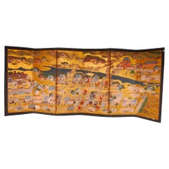 Antique Japanese Edo-Period Painted Goldleaf 6-Panel Screen Depicting the Gion Festival