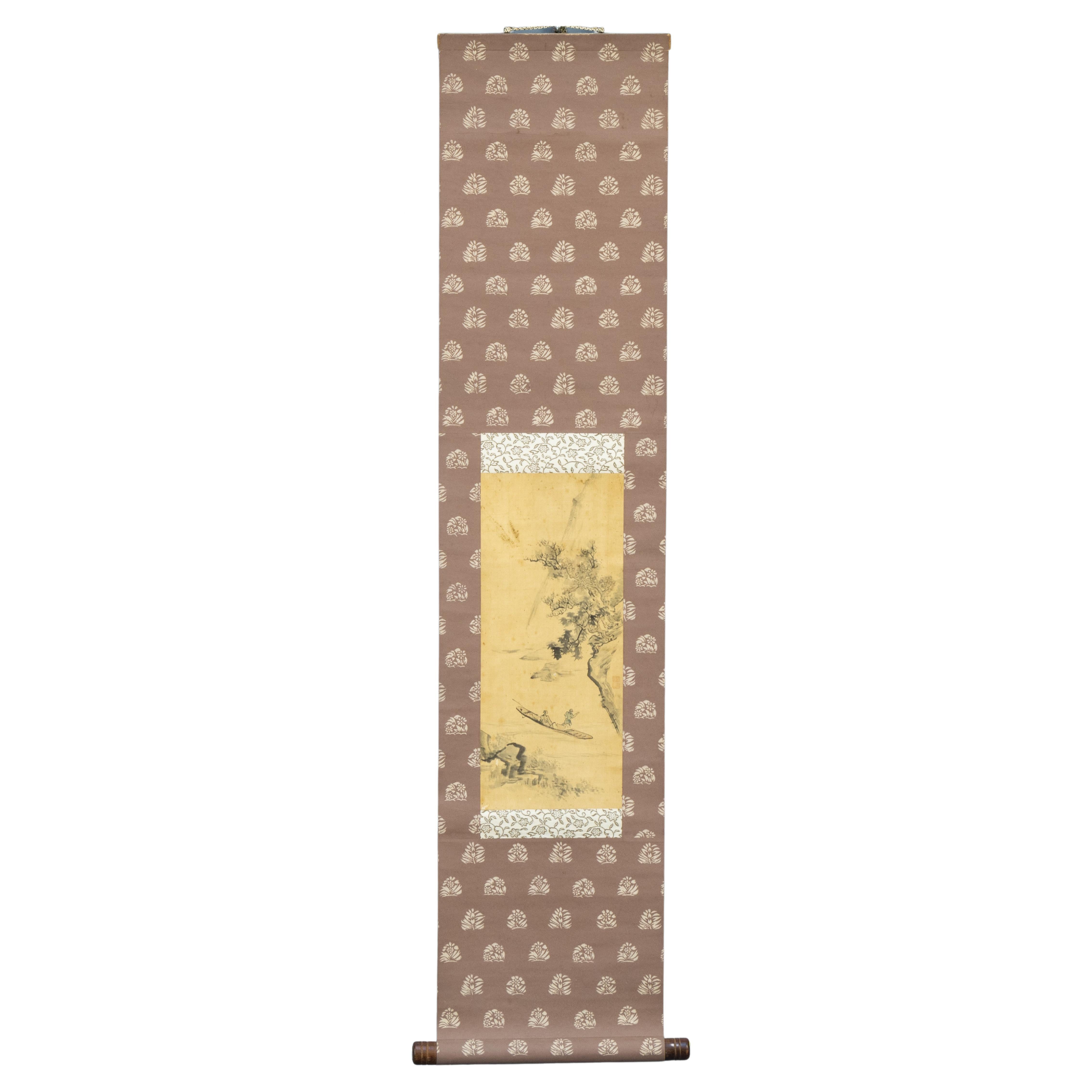 Pintura Japonesa Periodo Edo Pergamino Pescador en Paisaje Japón Firmado Artista