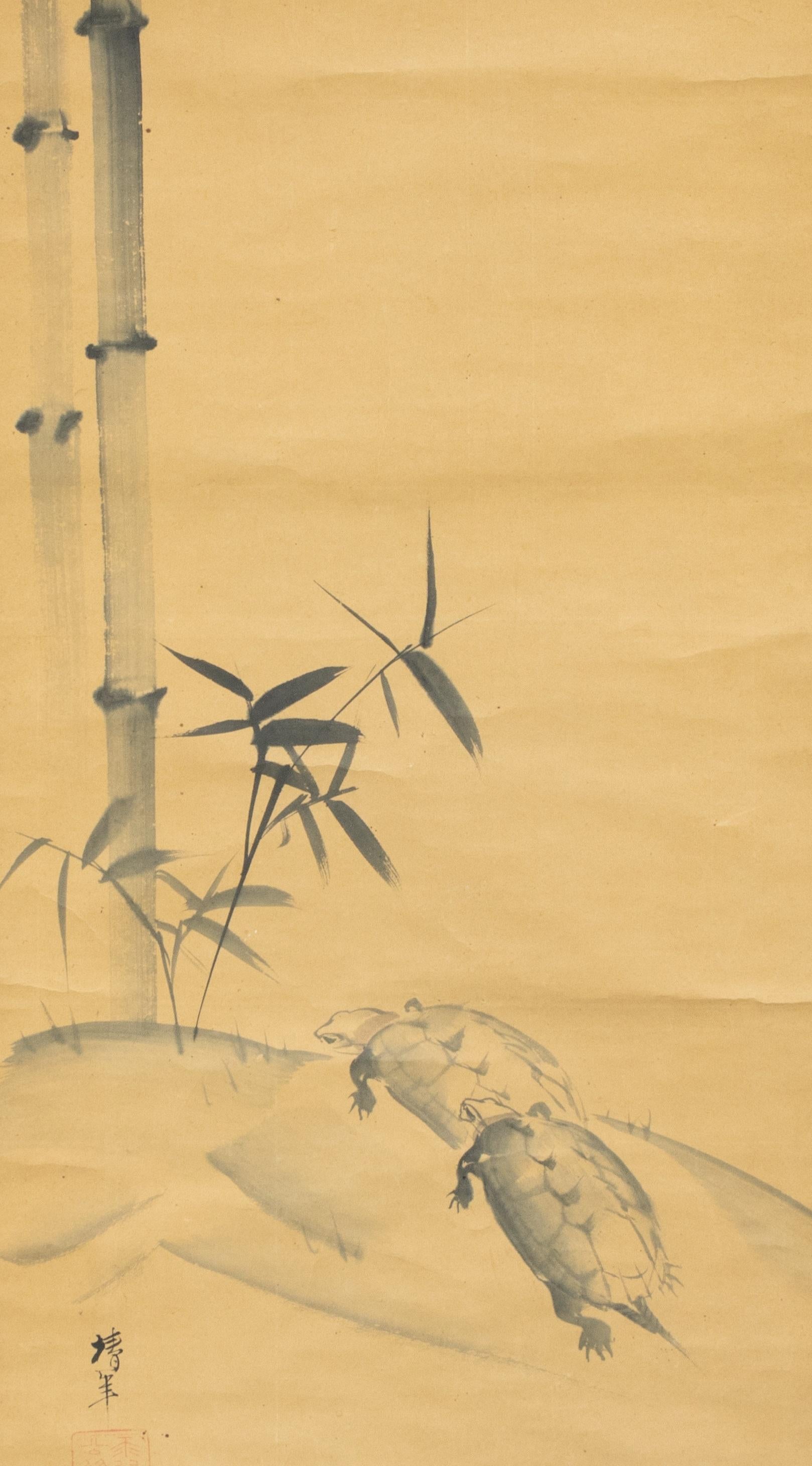 Ônishi Chinnen (1792 - 1851) Schilpadden en bamboo
Rolschildering / scroll op papier, benen rollers. B 125,7 x 48,9 / 179,5 x 59,5 cm
125,7 x 48,9 / 179,5 x 59,5 cm.