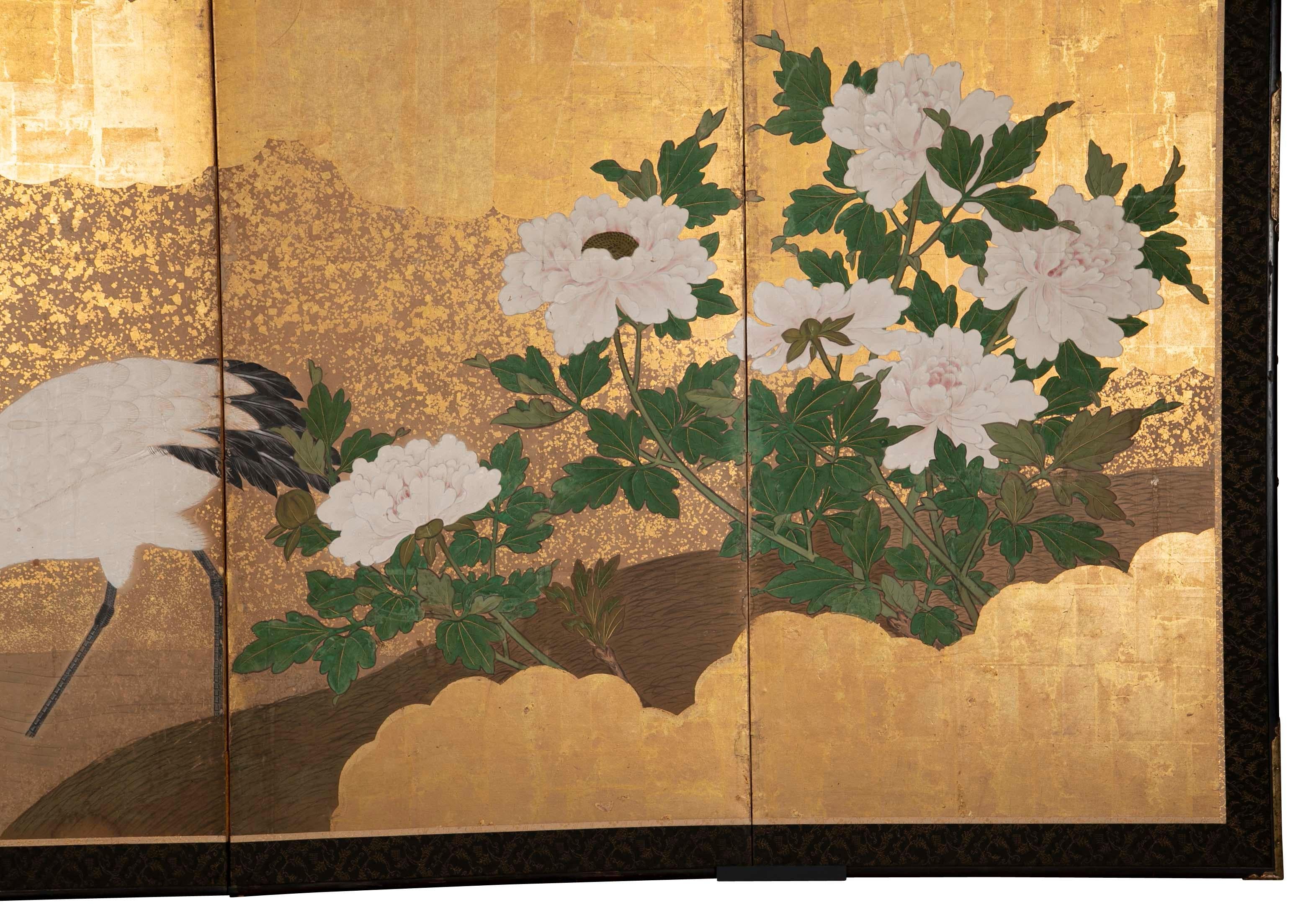 Painted Japanese Edo Period Screen Depicting Cranes
