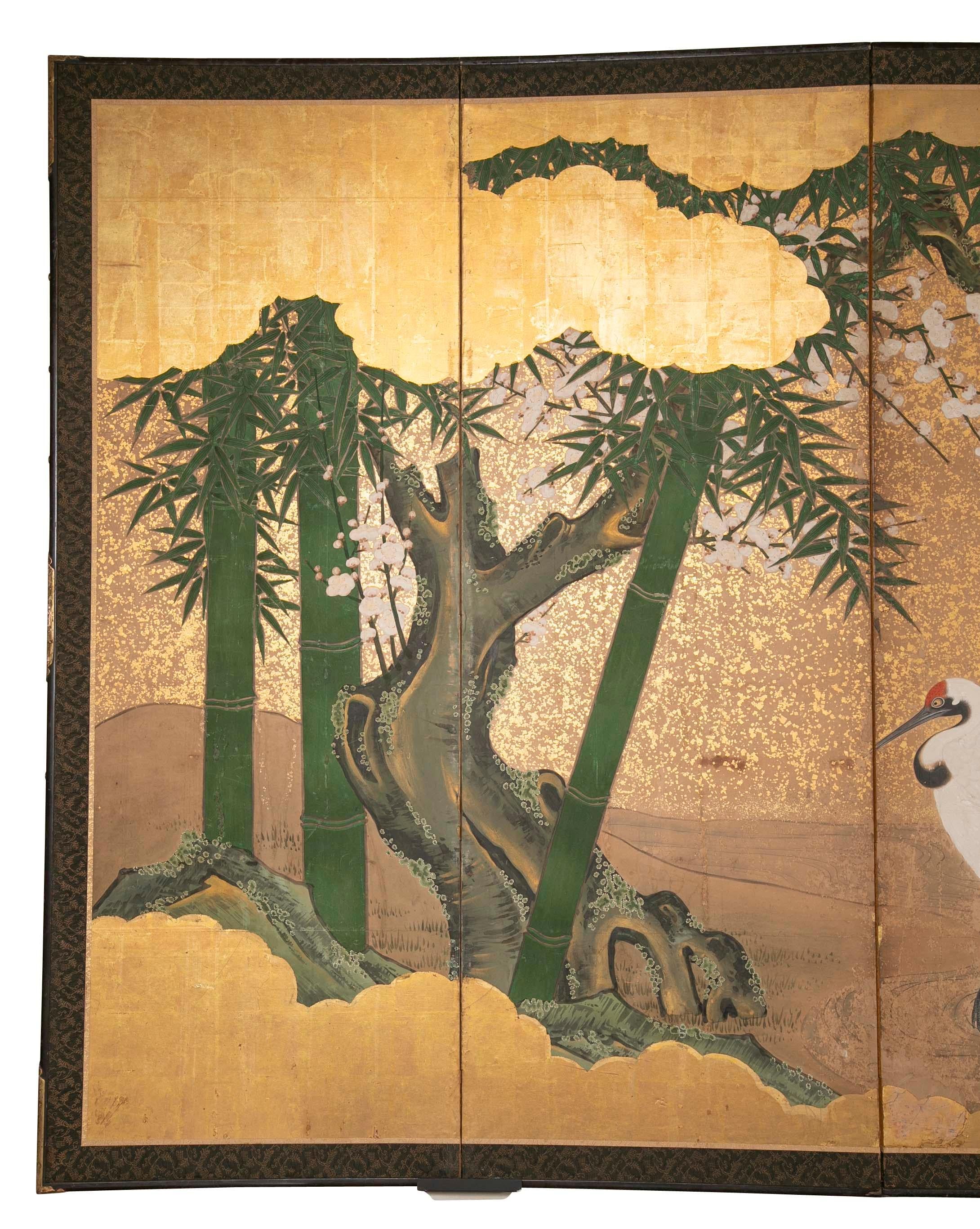 Mid-19th Century Japanese Edo Period Screen Depicting Cranes