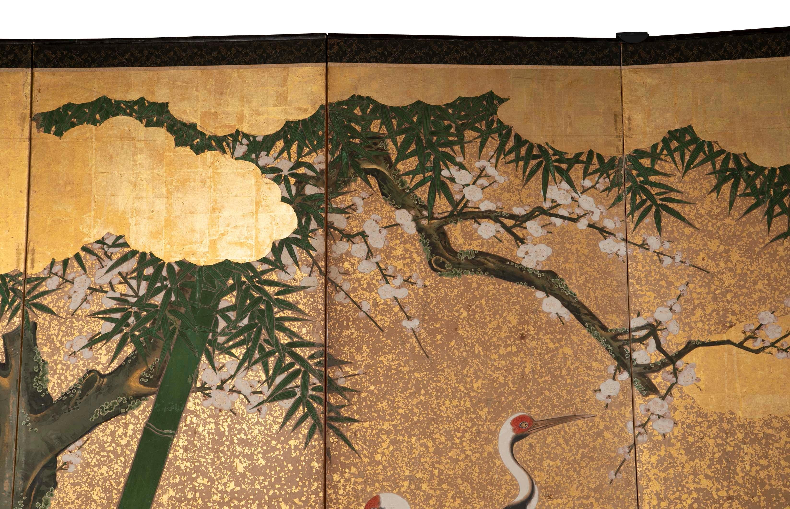 Paper Japanese Edo Period Screen Depicting Cranes