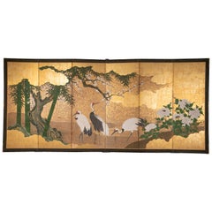 Japanese Edo Period Screen Depicting Cranes