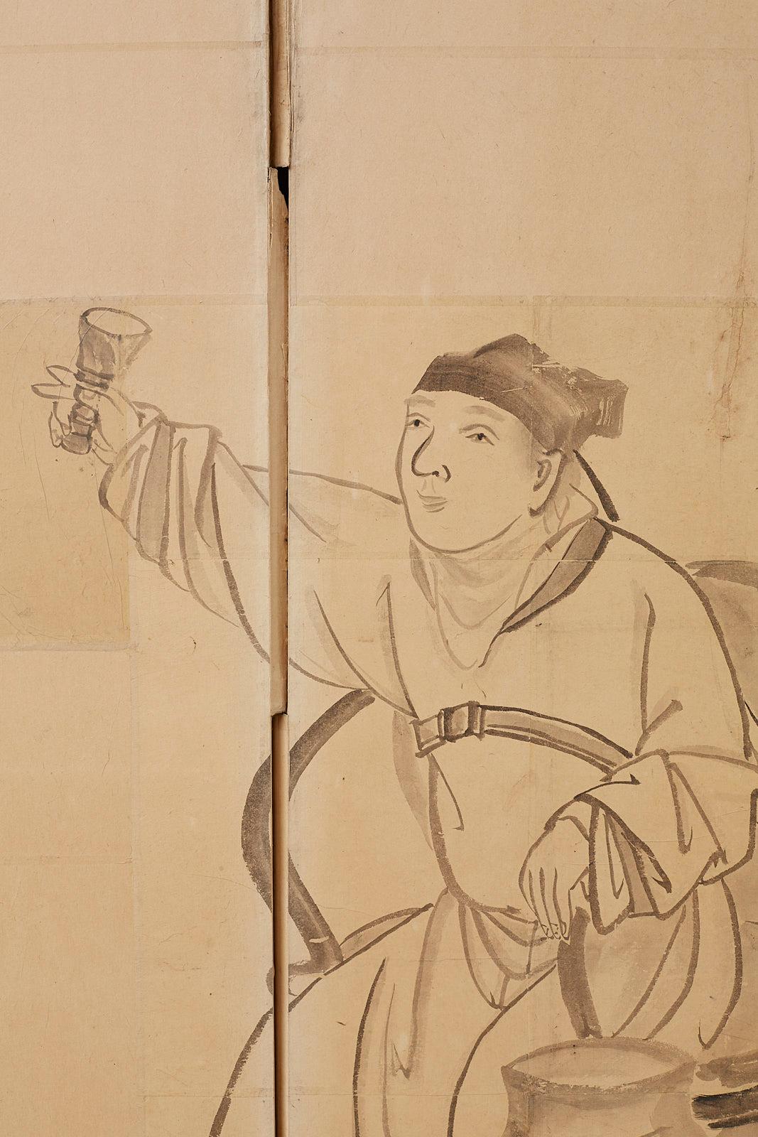 Paravent à six panneaux de la période japonaise Edo représentant des érudits chinois en vente 6