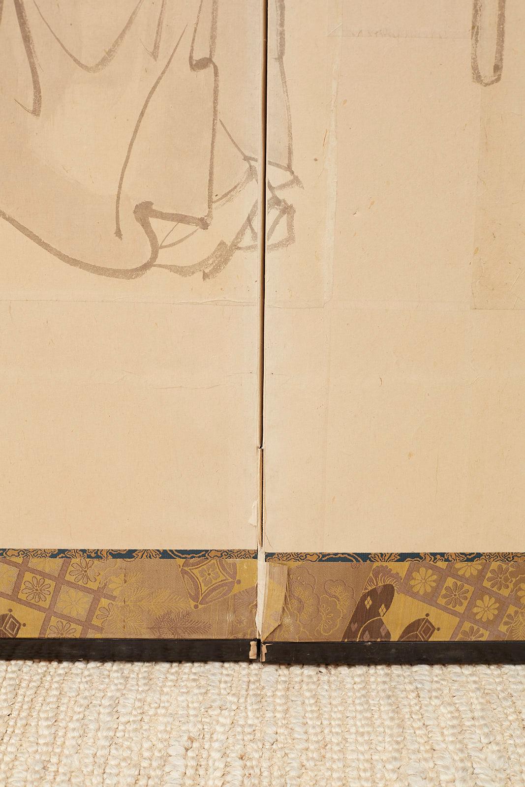 Biombo japonés de seis paneles del periodo Edo con eruditos chinos en venta 10