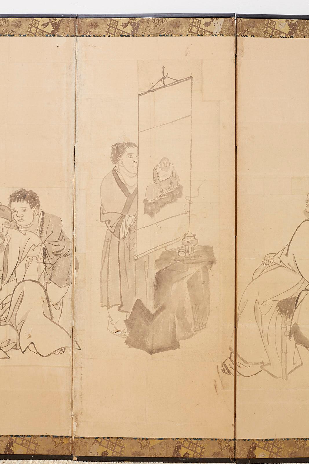 Japanische Edo-Periode Sechs-Panel-Bildschirm der chinesischen Gelehrten (Handgefertigt) im Angebot