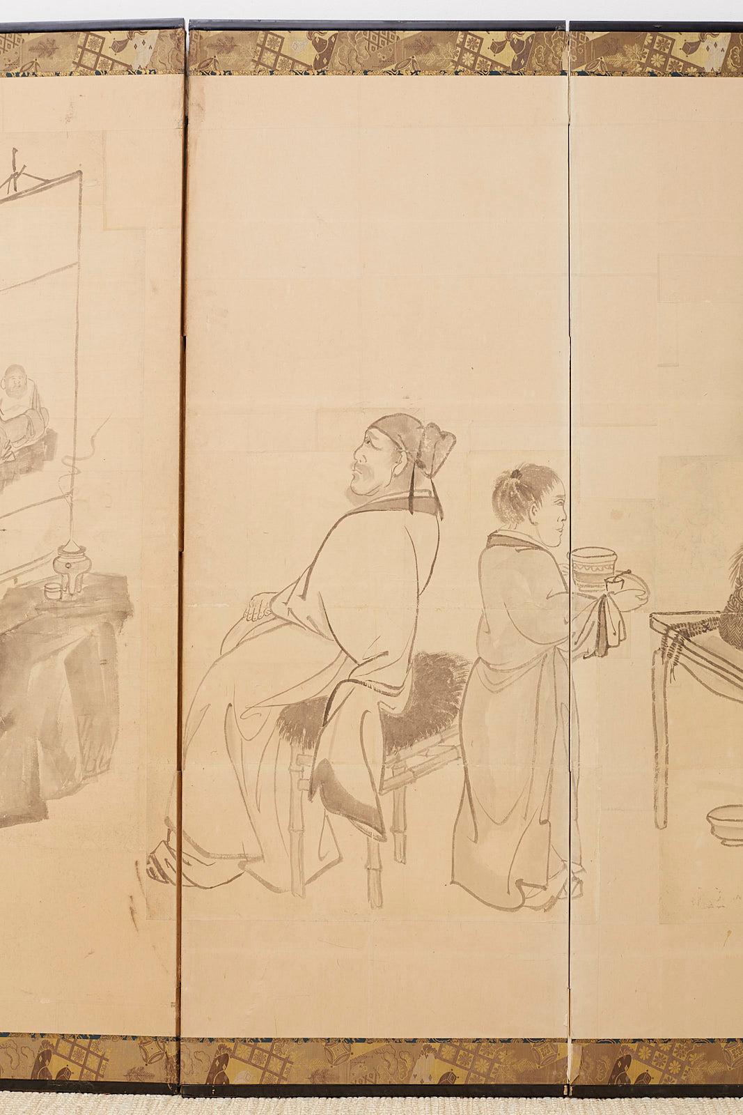 Japanische Edo-Periode Sechs-Panel-Bildschirm der chinesischen Gelehrten im Zustand „Starke Gebrauchsspuren“ im Angebot in Rio Vista, CA