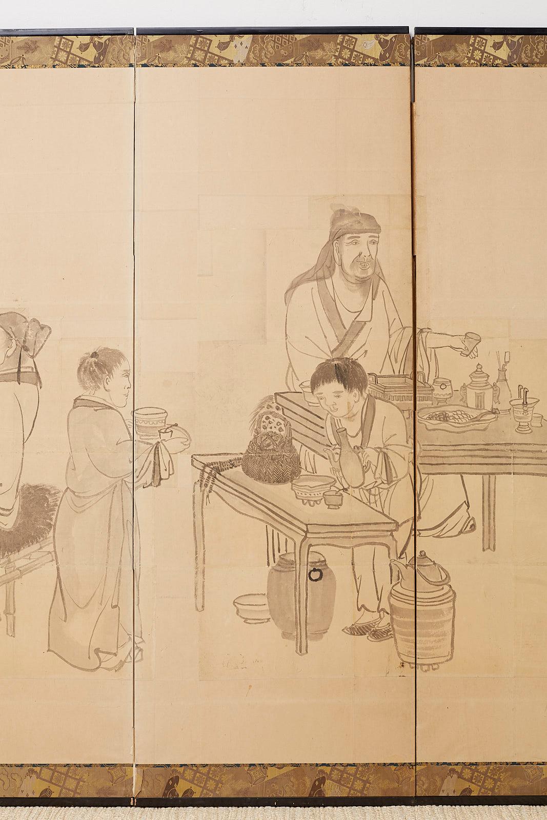 Japanische Edo-Periode Sechs-Panel-Bildschirm der chinesischen Gelehrten (19. Jahrhundert) im Angebot