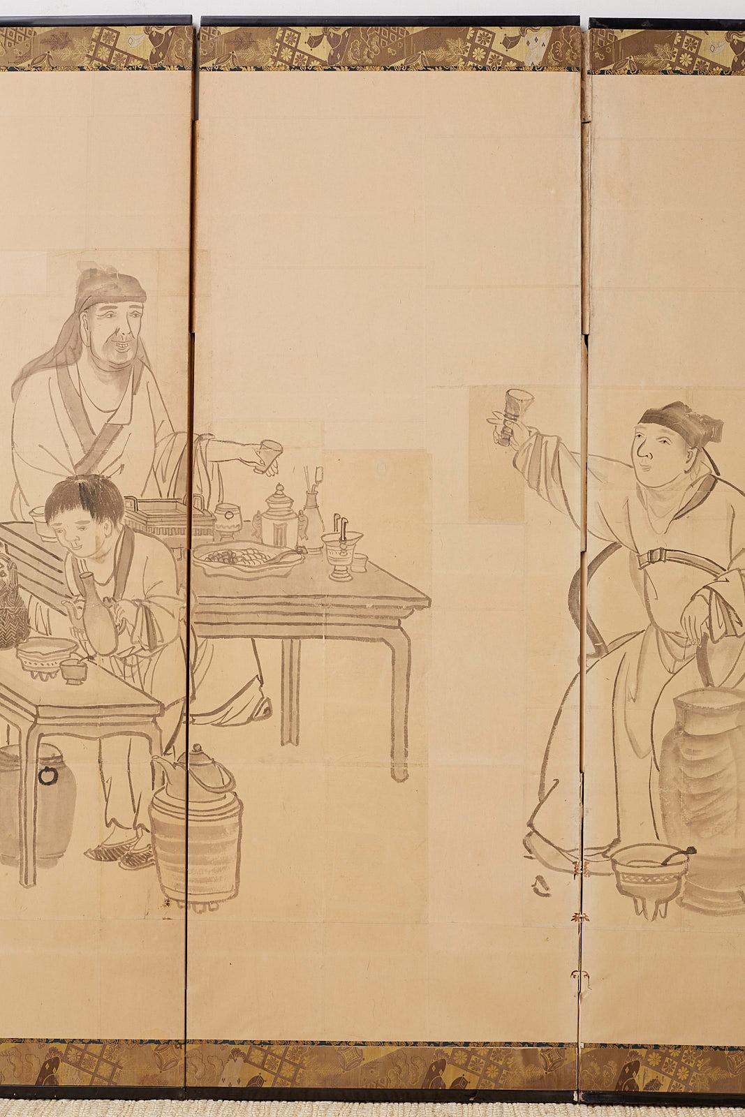 XIXe siècle Paravent à six panneaux de la période japonaise Edo représentant des érudits chinois en vente