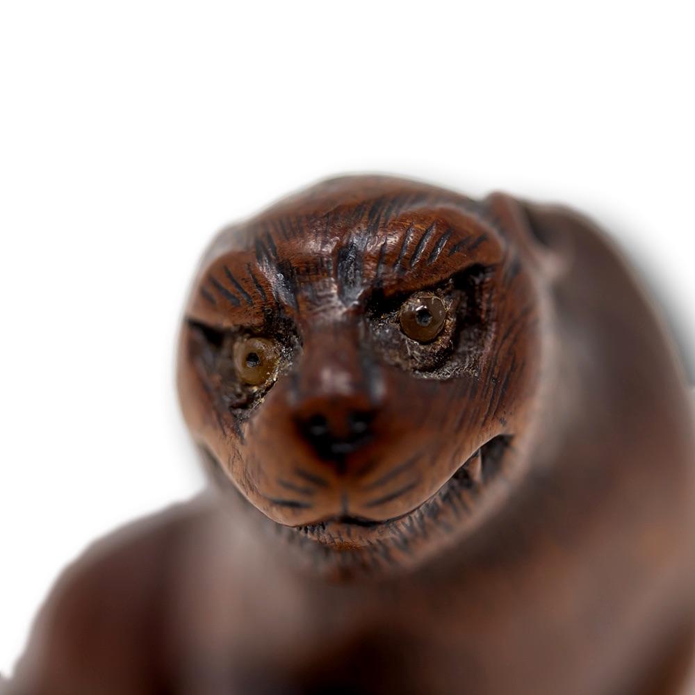 Wood Japanese Edo Period Tiger & Cub Boxwood Netsuke Singed Masayoshi