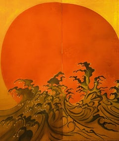 Japanese Edo Period Two-Panel Byōbu Screen w/ Red Sun & Stylized Waves, Ca. 1750