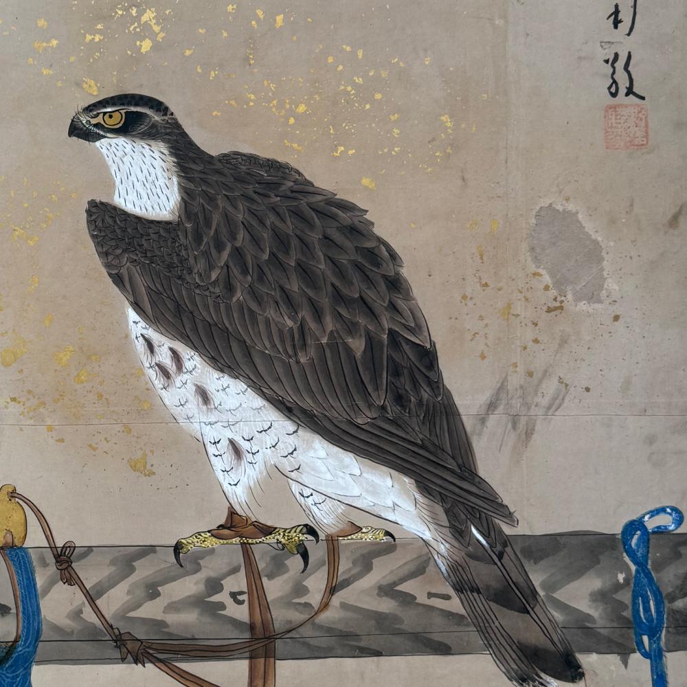 19th Century Japanese Edo Period Two-Panel Hawks' Screen