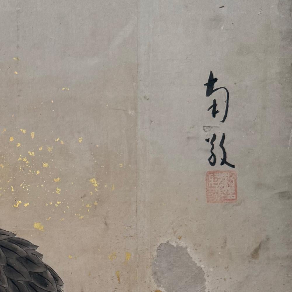Wood Japanese Edo Period Two-Panel Hawks' Screen