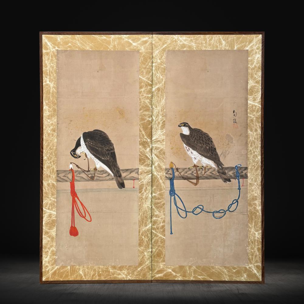Japanese Edo Period Two-Panel Hawks' Screen 1
