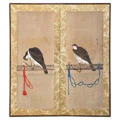 Antique Japanese Edo Period Two-Panel Hawks' Screen