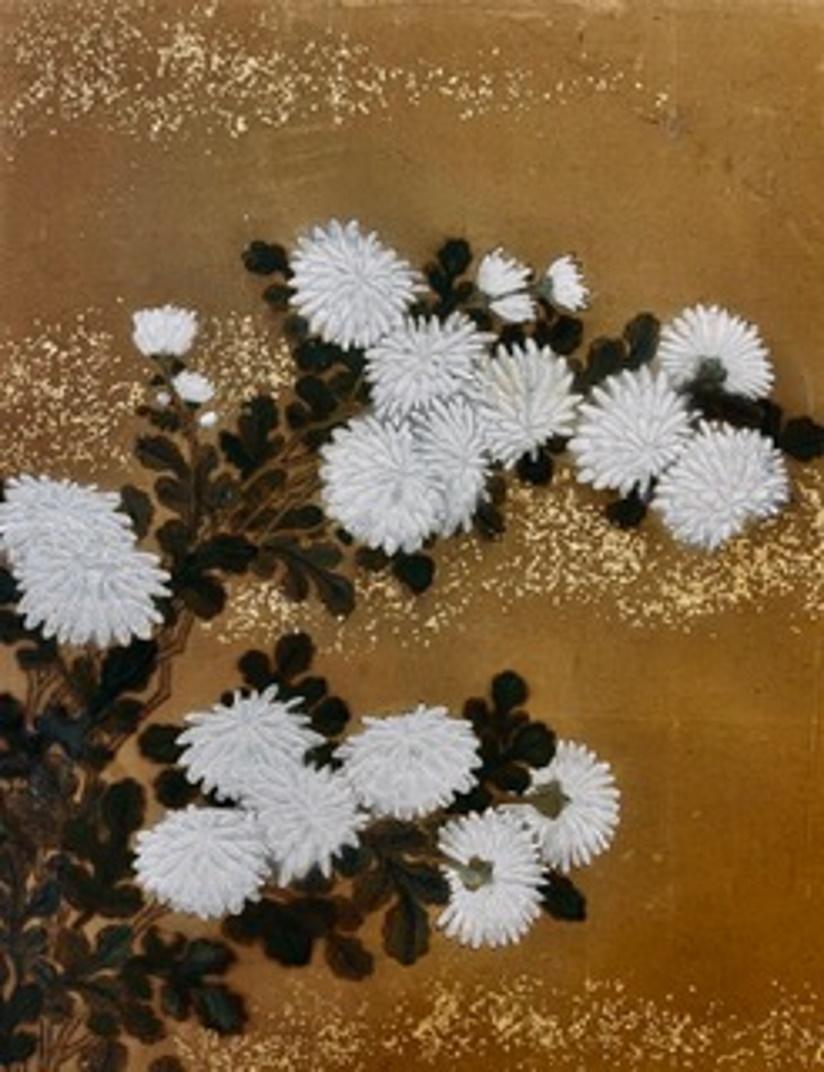 Japanese Edo Period Two-Panel Screen with Chrysanthemums, Ca. 1750 In Good Condition For Sale In New York, NY