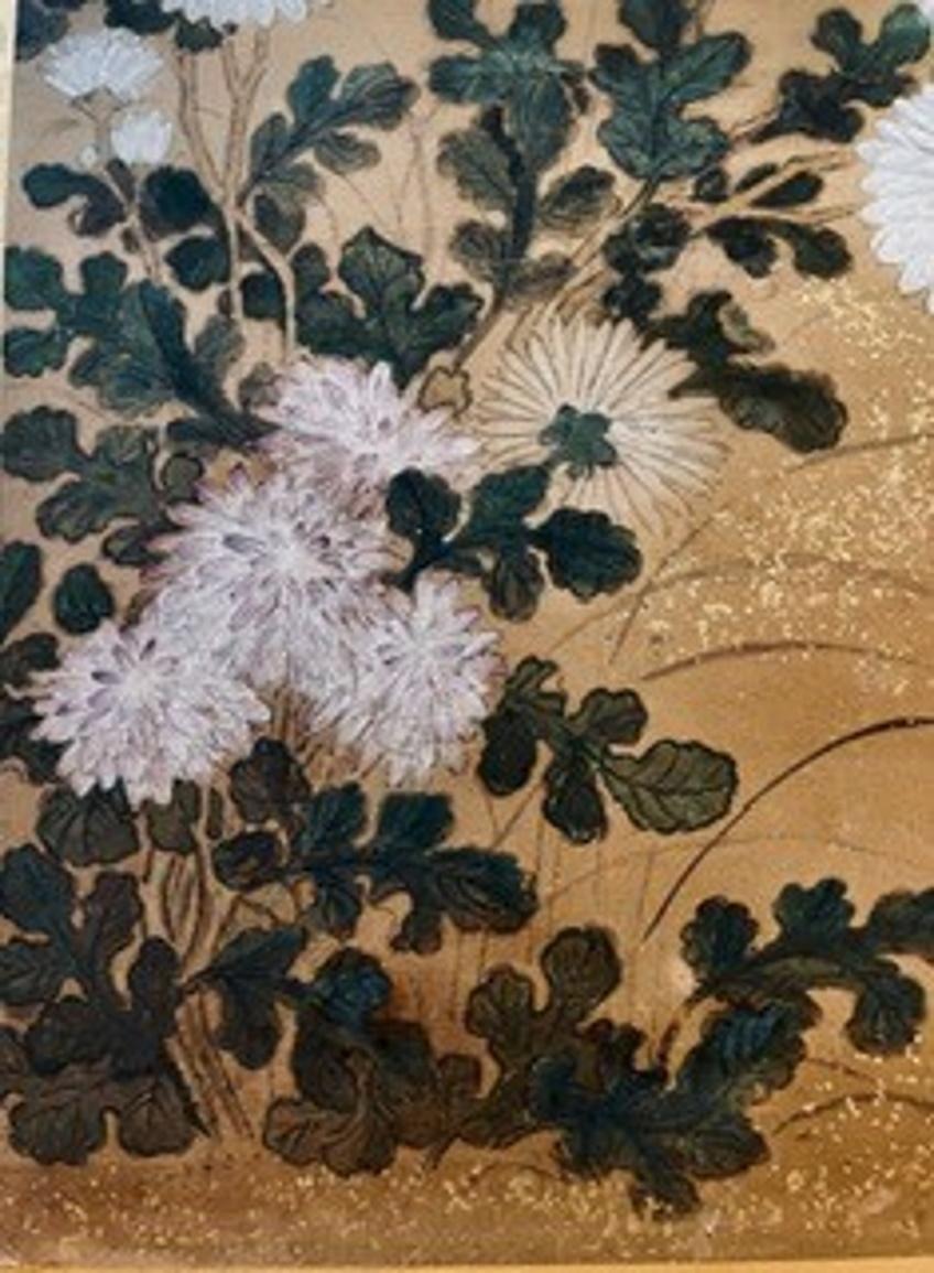 Mid-18th Century Japanese Edo Period Two-Panel Screen with Chrysanthemums, Ca. 1750 For Sale