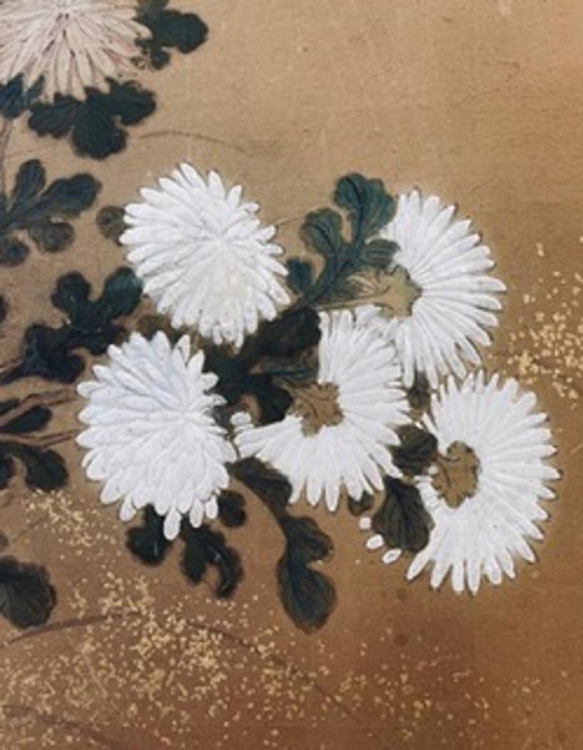 Wood Japanese Edo Period Two-Panel Screen with Chrysanthemums, Ca. 1750 For Sale