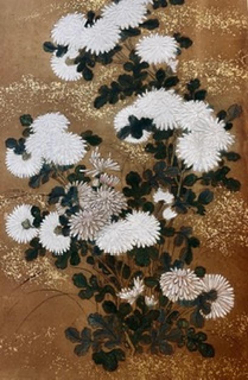 Japanese Edo Period Two-Panel Screen with Chrysanthemums, Ca. 1750 For Sale 1