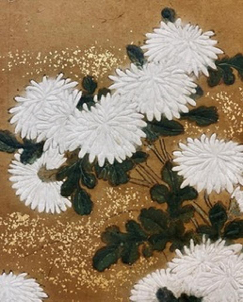 Japanese Edo Period Two-Panel Screen with Chrysanthemums, Ca. 1750 For Sale 2