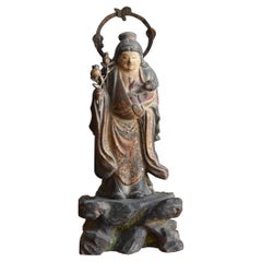 Japanese Edo Period Wood Carving Colored Buddha Statue / 18th-19th Century