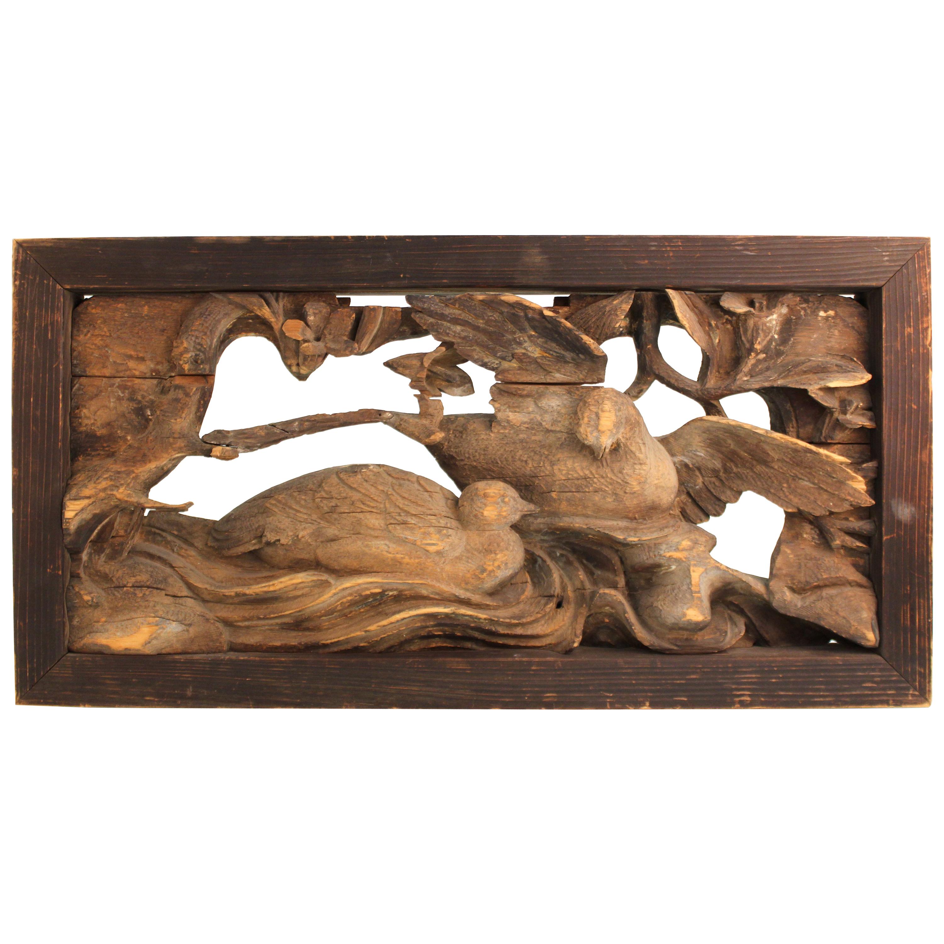 Japanese Edo Period Wood Temple Carving with Doves