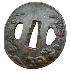 Japanische Edo-Periode XVIIc Eisenschwert Tsuba (Wache). Bambus und Frosch.