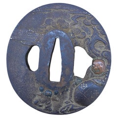 Antique Japanese Edo Period XVIIc Sword Tsuba (Guard). Iron & Gilt Highlights.