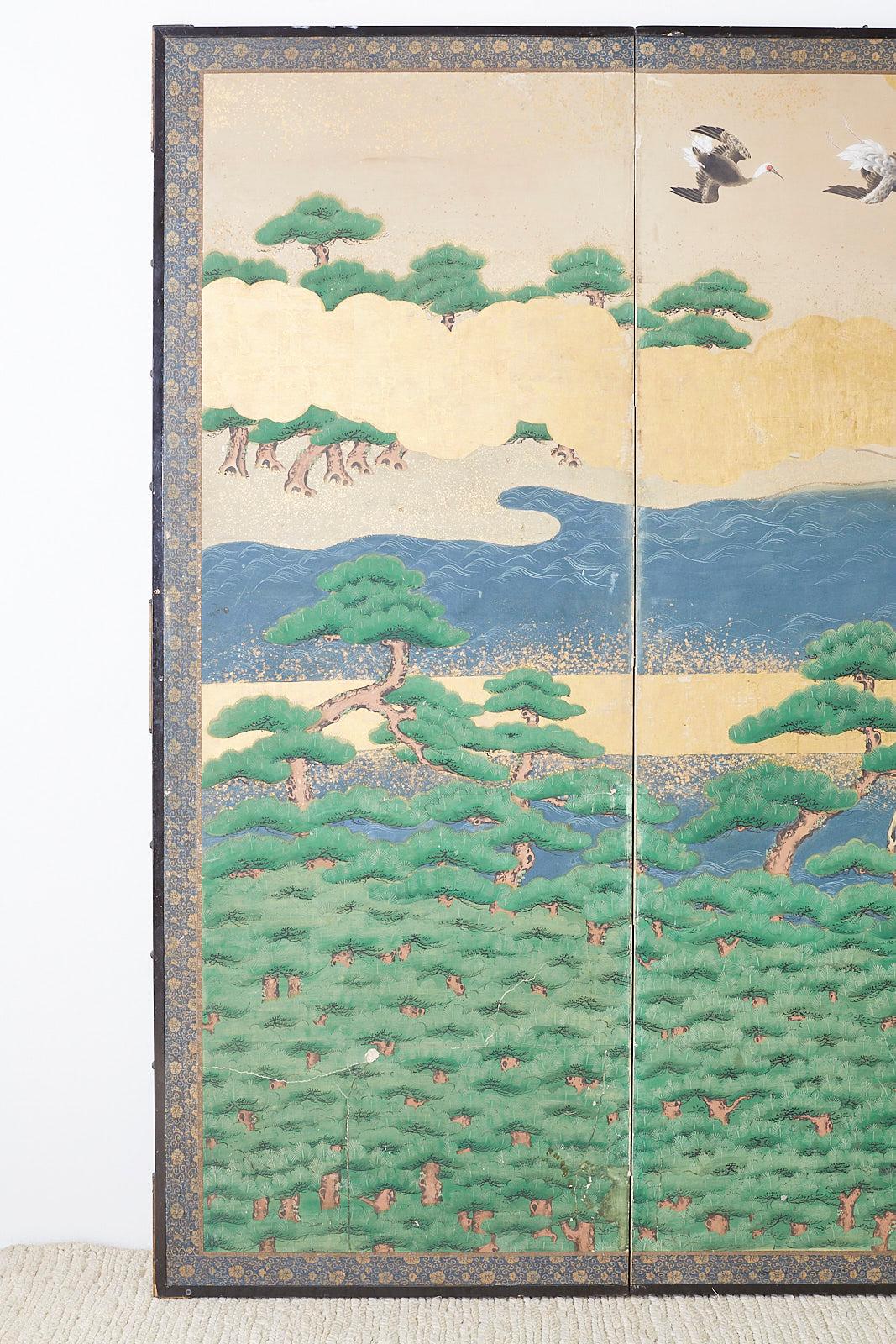 Gilt Japanese Edo Screen Hamamatsu Pine Shore with Cranes
