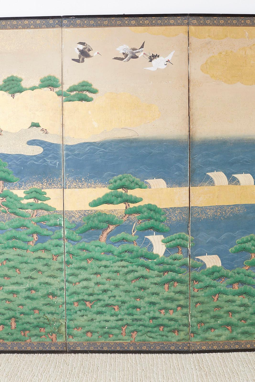 Japanese Edo Screen Hamamatsu Pine Shore with Cranes In Distressed Condition In Rio Vista, CA