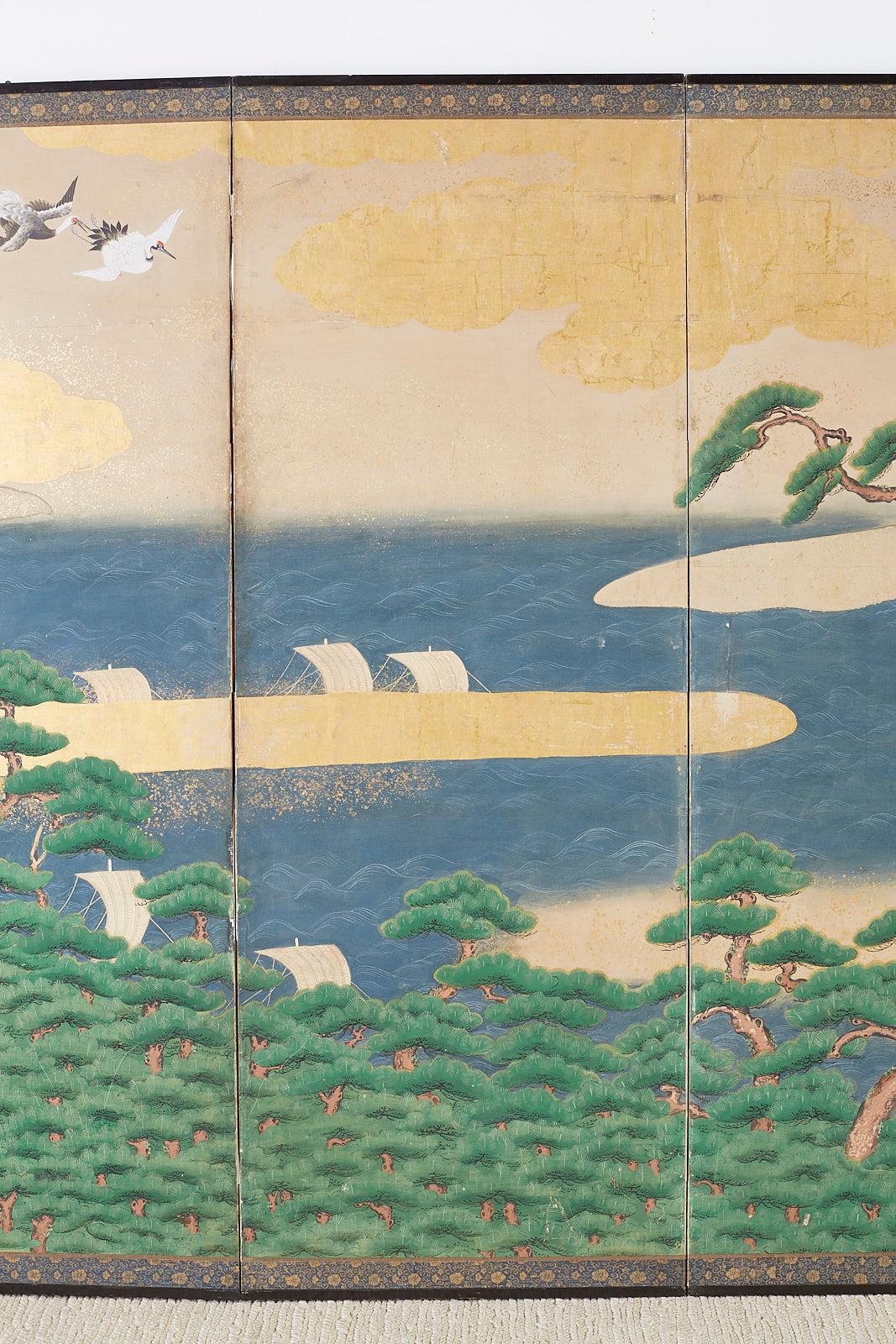 19th Century Japanese Edo Screen Hamamatsu Pine Shore with Cranes