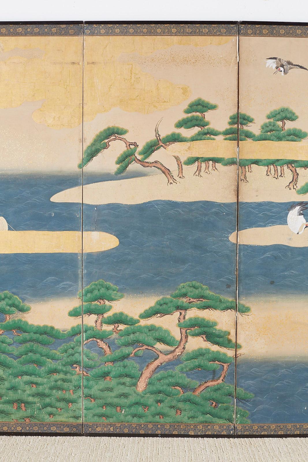 Brass Japanese Edo Screen Hamamatsu Pine Shore with Cranes