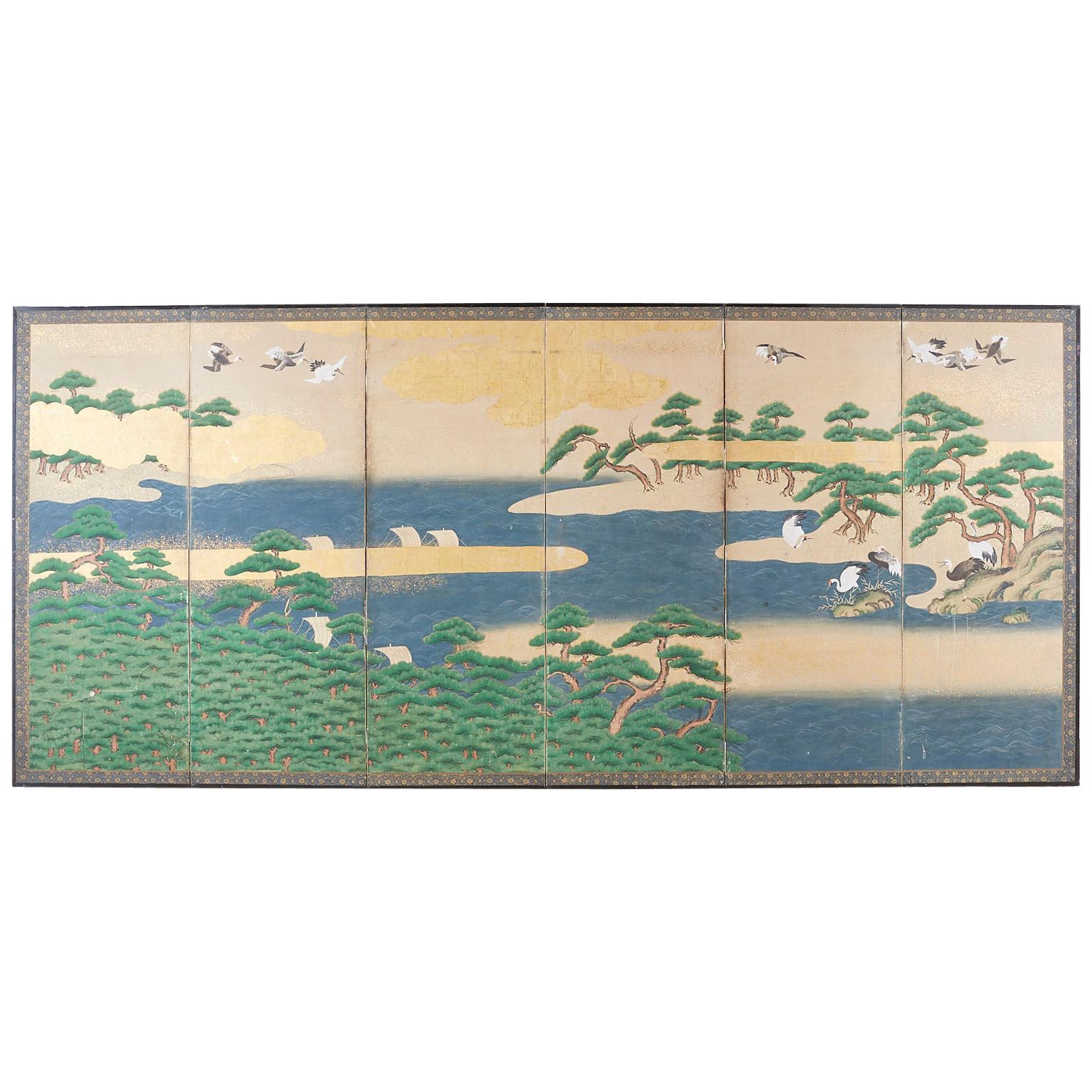 Japanese Edo Screen Hamamatsu Pine Shore with Cranes