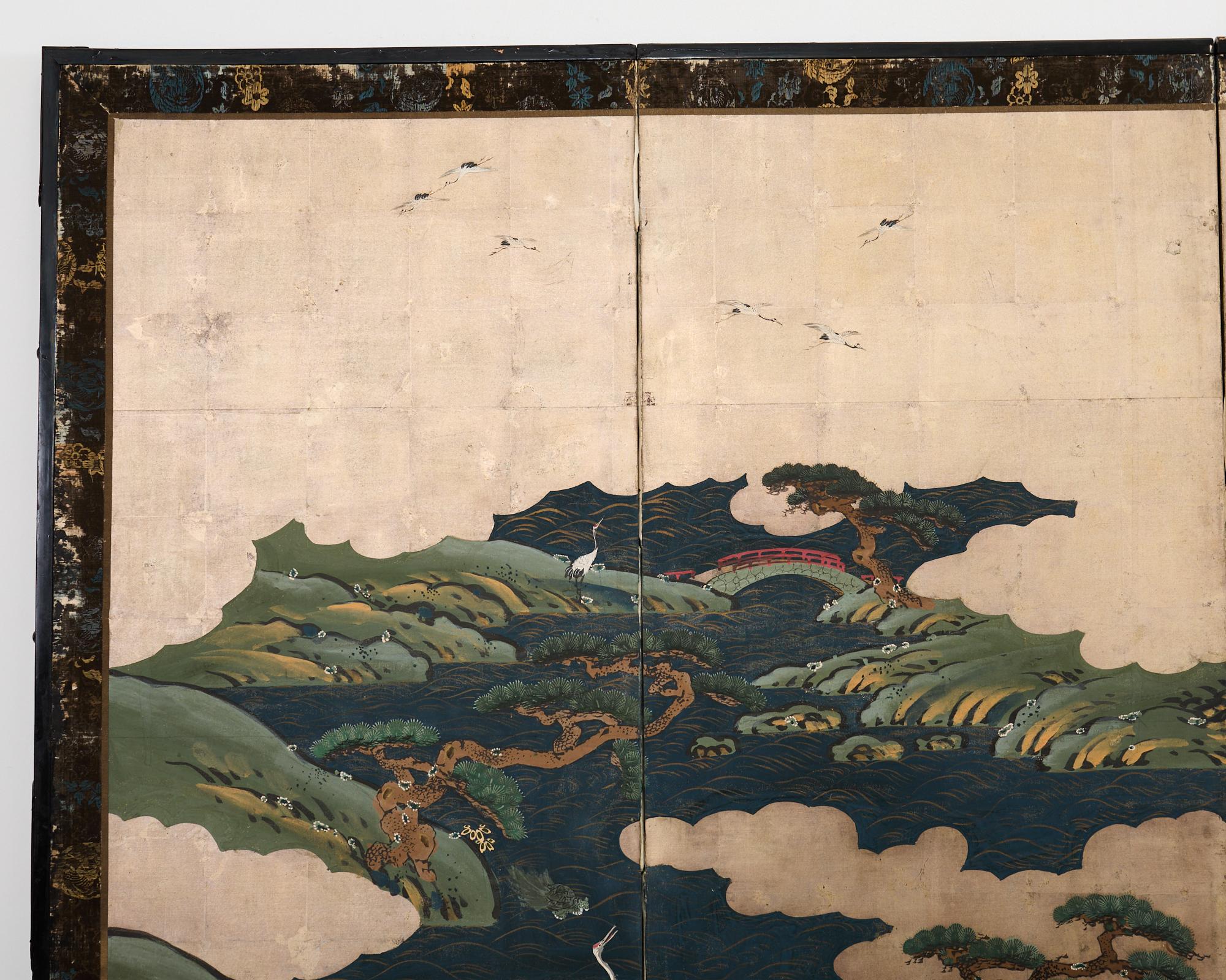 XIX secolo Japanese Edo Screen Kano School Isle of Immortals in vendita