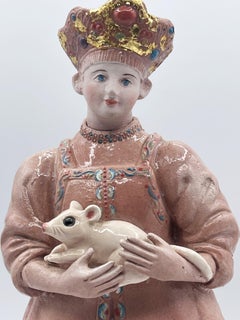 Japanese Edo Signed Miyo Kiln Pottery Lady with White Rat, Kyoto, c. 1860