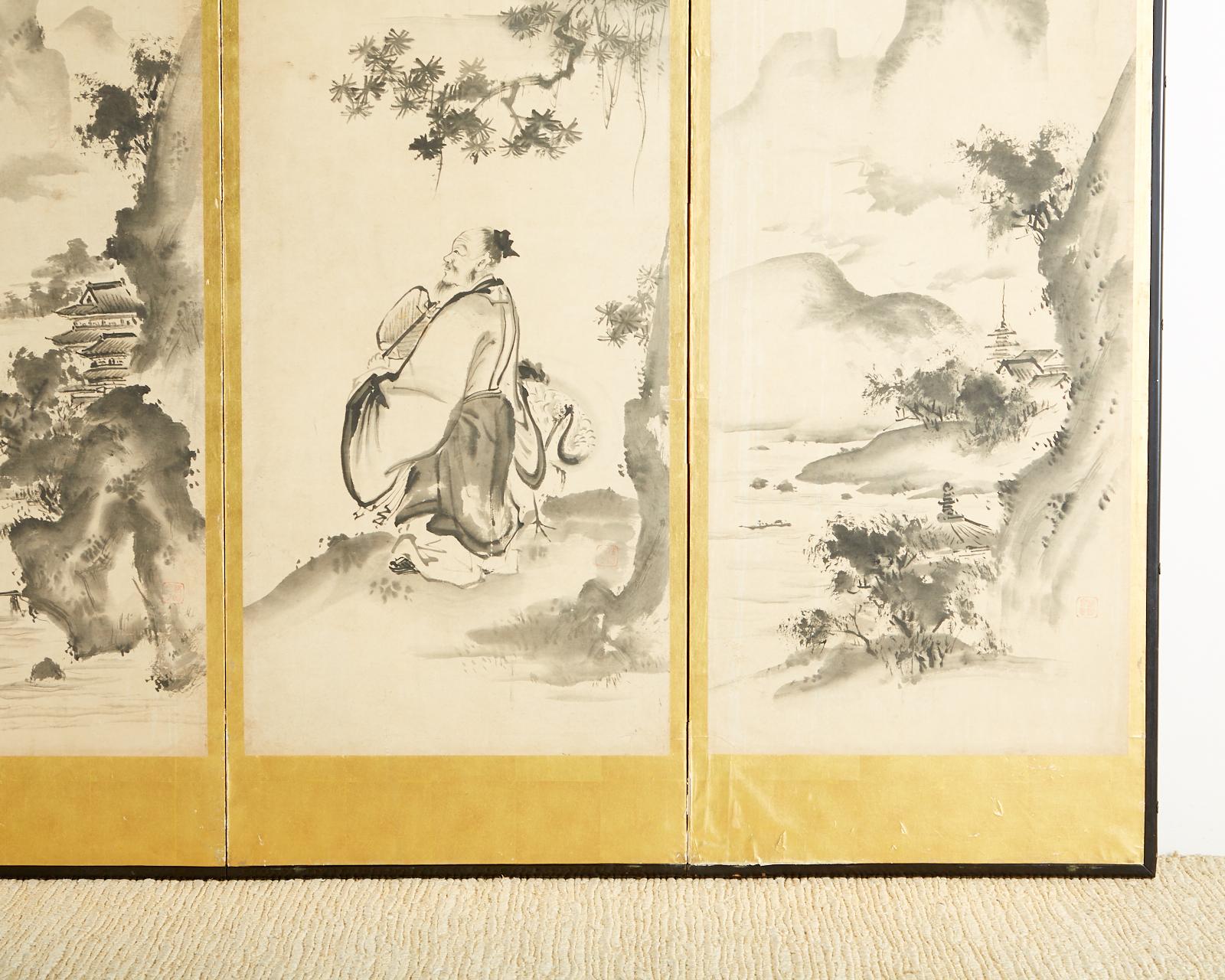 Japanese Edo Six-Panel Haboku Landscapes of Seasons For Sale 4