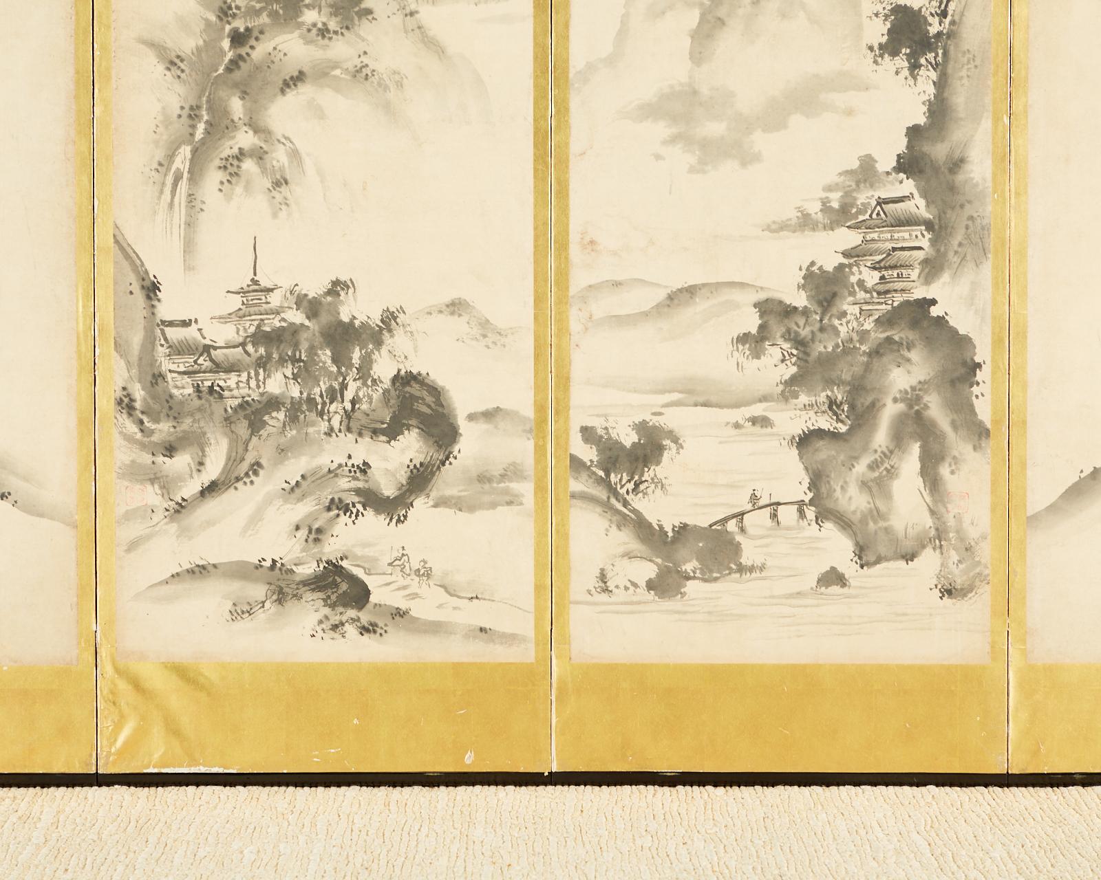 Japanese Edo Six-Panel Haboku Landscapes of Seasons For Sale 10