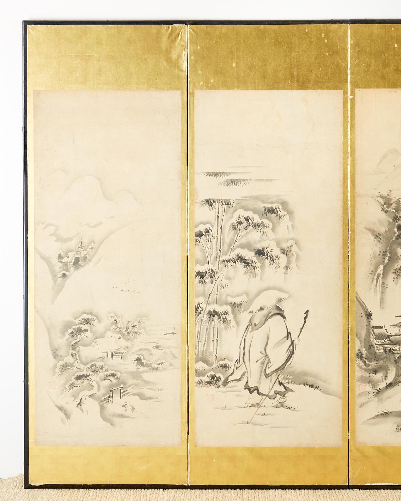 Japanische Edo-Sechs-Panel-Haboku-Landschaften der Jahreszeiten (Handgefertigt) im Angebot