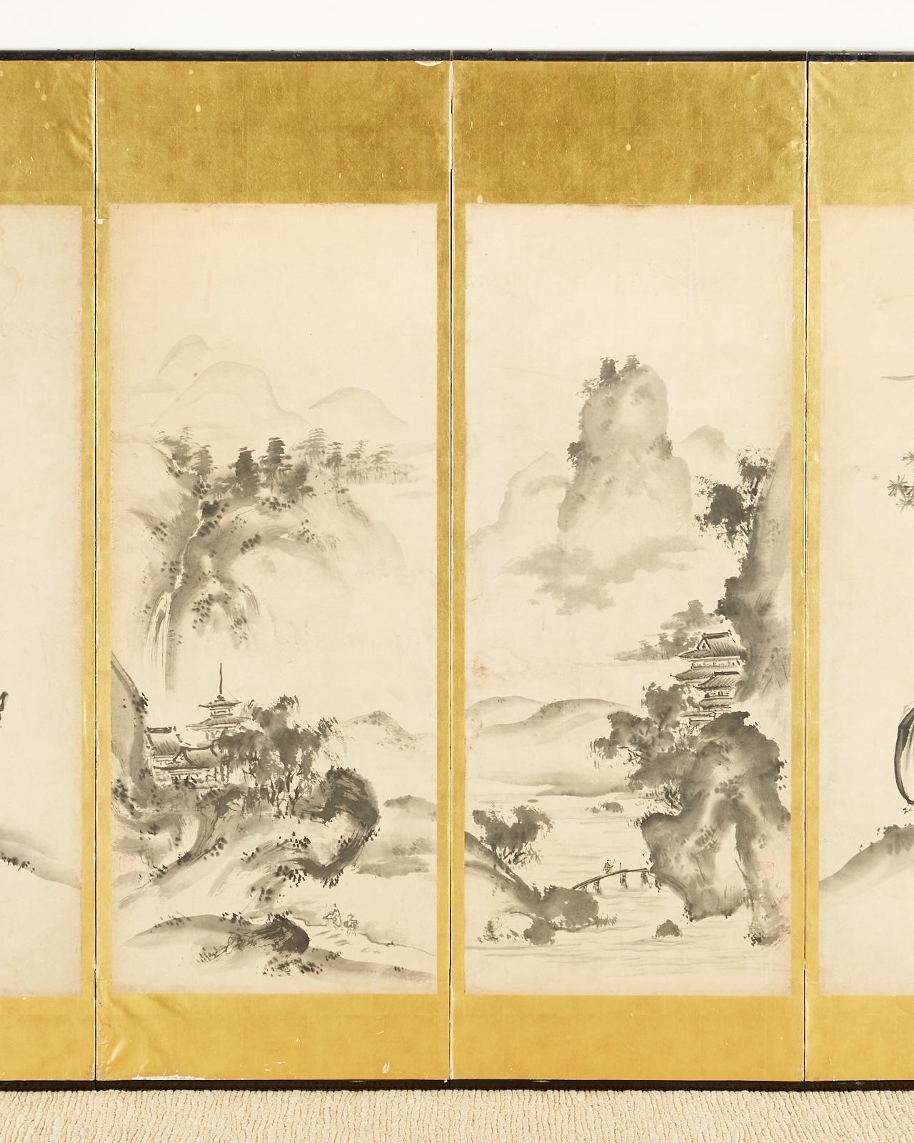 Hand-Crafted Japanese Edo Six-Panel Haboku Landscapes of Seasons For Sale