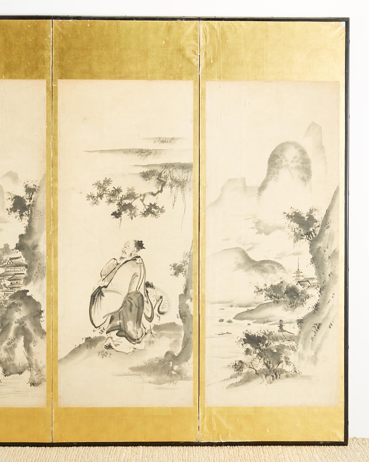 Japanese Edo Six-Panel Haboku Landscapes of Seasons In Good Condition For Sale In Rio Vista, CA