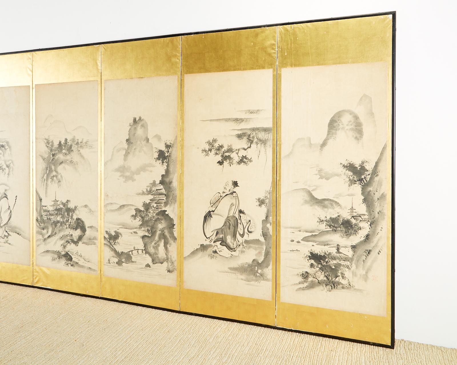 Japanische Edo-Sechs-Panel-Haboku-Landschaften der Jahreszeiten (Holz) im Angebot