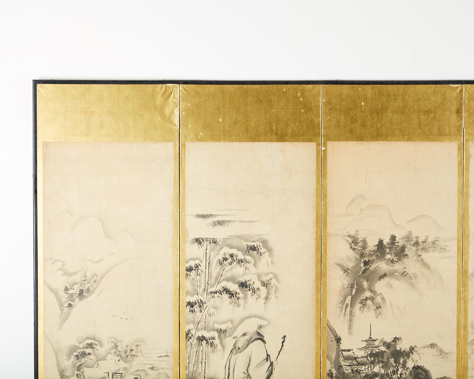 Japanese Edo Six-Panel Haboku Landscapes of Seasons For Sale 1