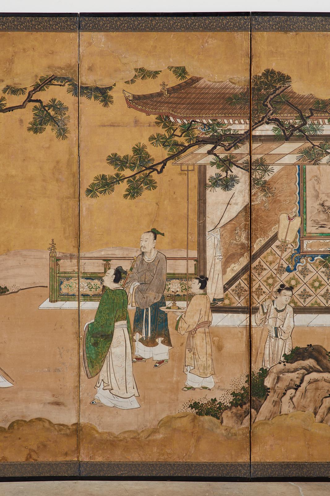 18th Century and Earlier Japanese Edo Six-Panel Kano Screen Emperor Garden Terrace