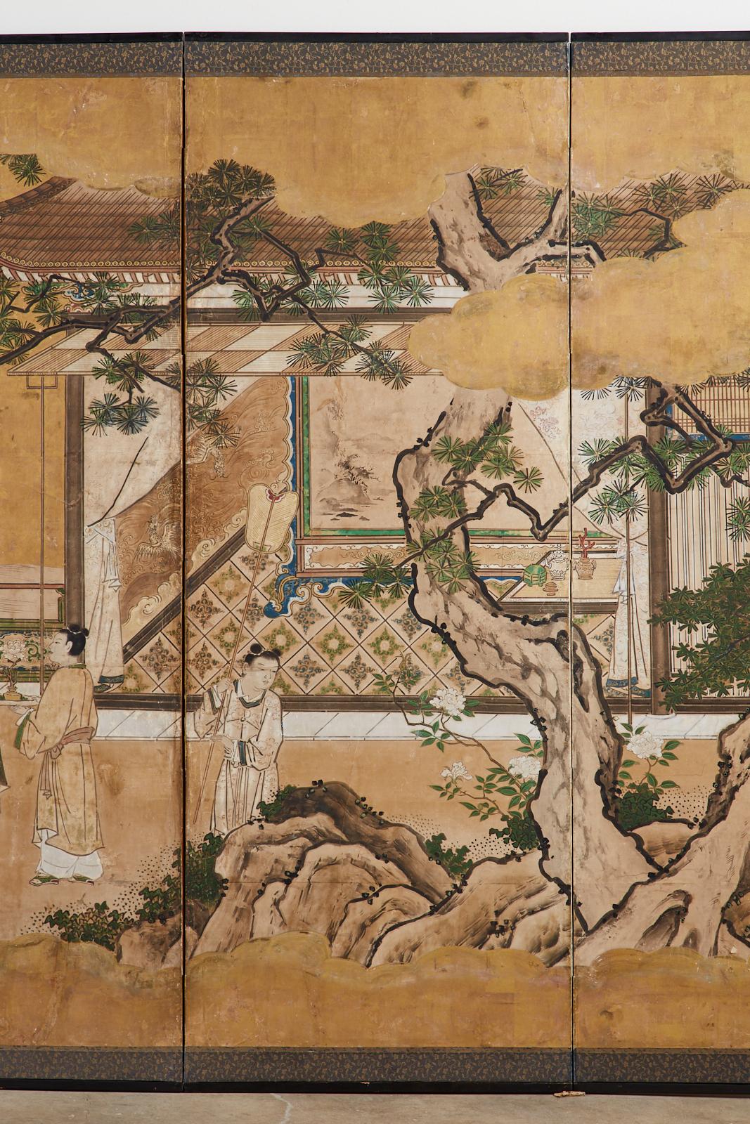 Wood Japanese Edo Six-Panel Kano Screen Emperor Garden Terrace