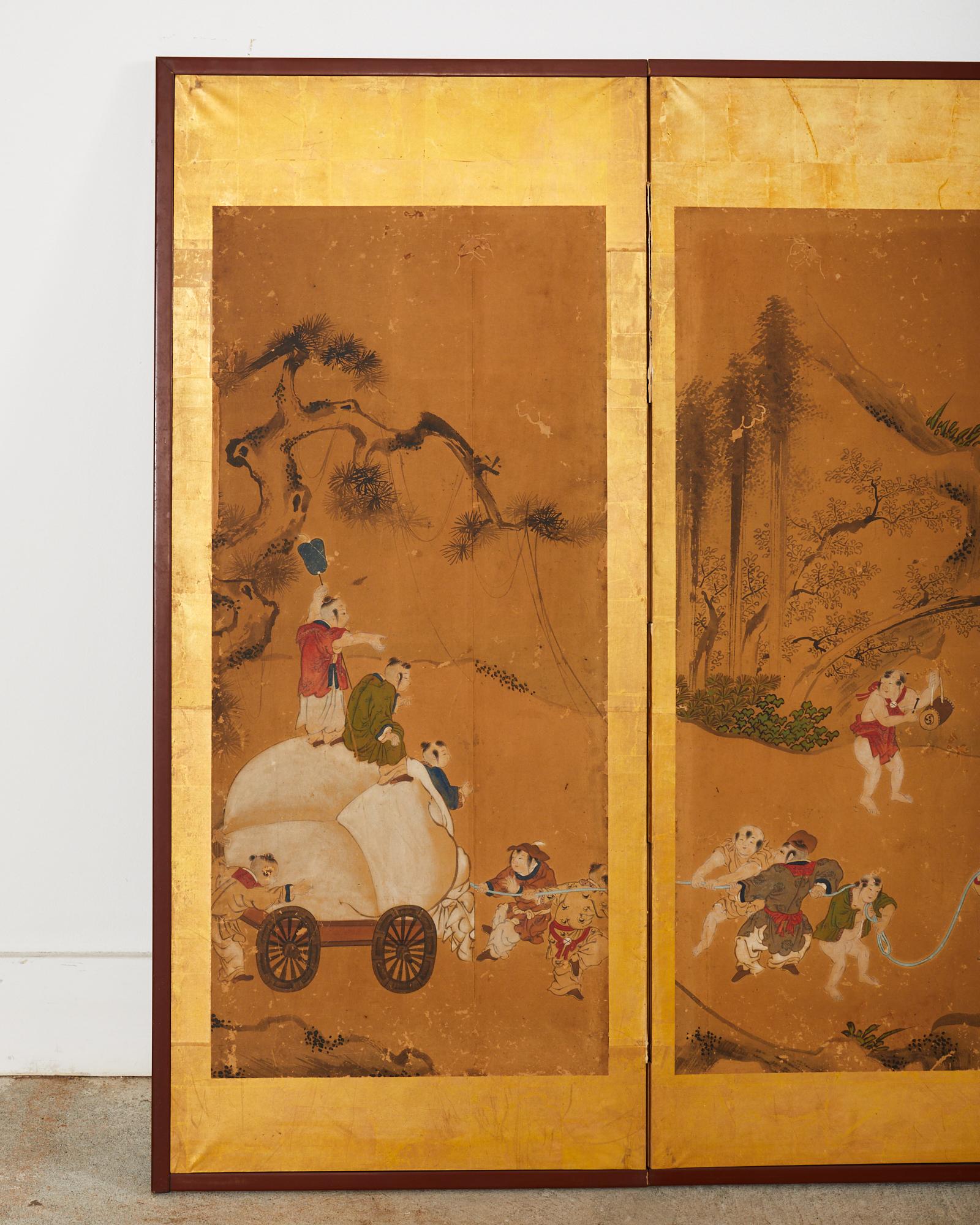Hand-Crafted Japanese Edo Six Panel Screen Chinese Children at Play For Sale