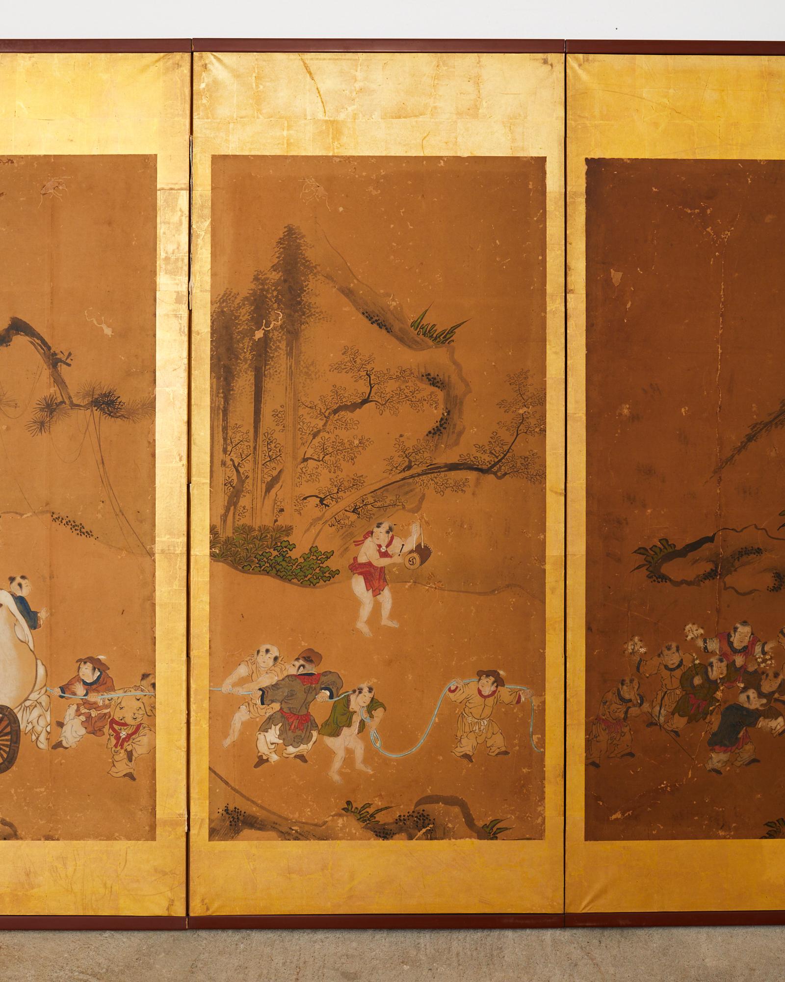 Japanese Edo Six Panel Screen Chinese Children at Play In Distressed Condition For Sale In Rio Vista, CA