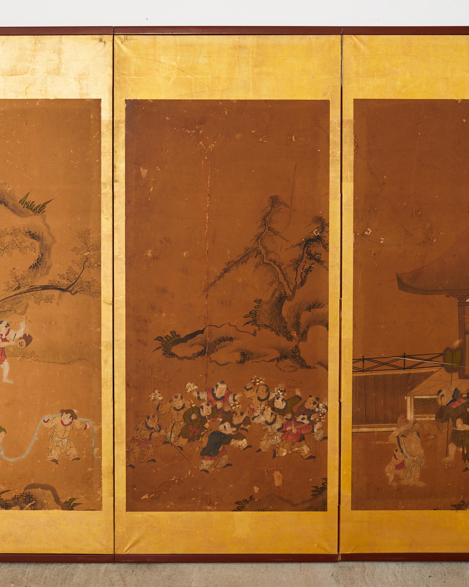 19th Century Japanese Edo Six Panel Screen Chinese Children at Play For Sale