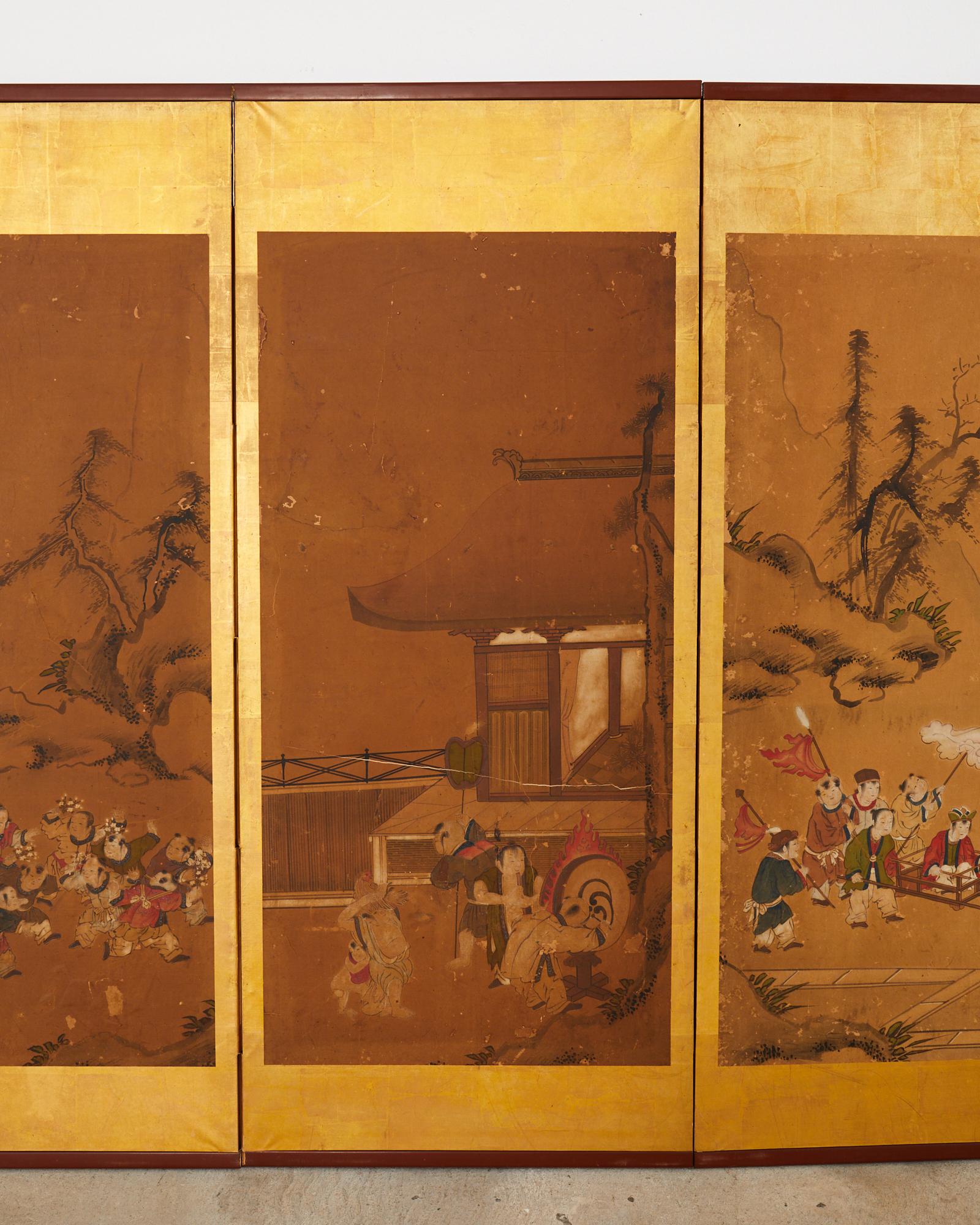 Gold Leaf Japanese Edo Six Panel Screen Chinese Children at Play For Sale
