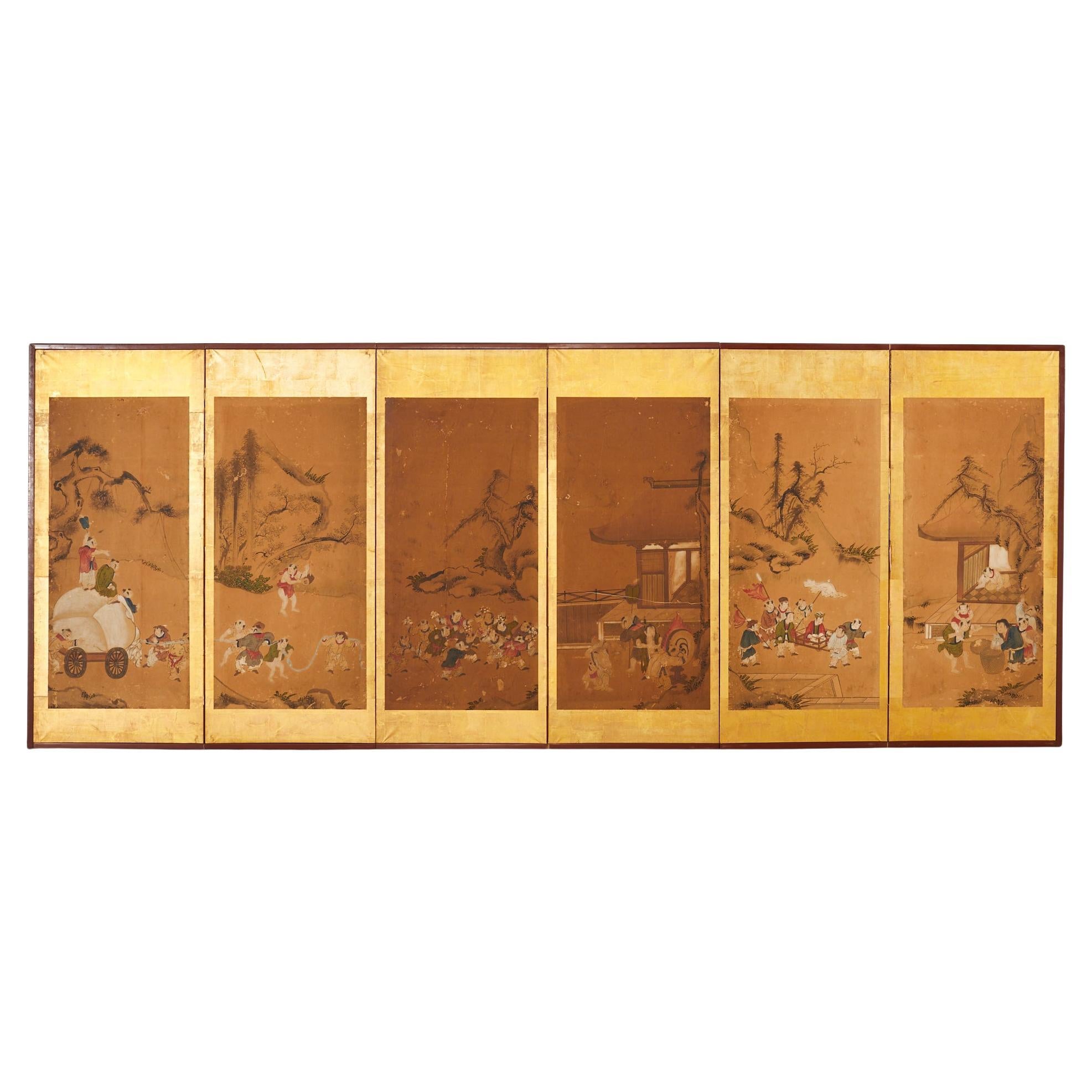 Japanese Edo Six Panel Screen Chinese Children at Play For Sale