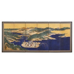 Japanese Edo Six Panel Screen Chinese Fishing Boat Landscape